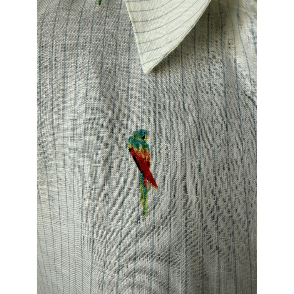 Chicos No Iron Linen Shirt Womens 2 (L) White Blue Pinstripe Parrot Embroidery - Picture 7 of 14